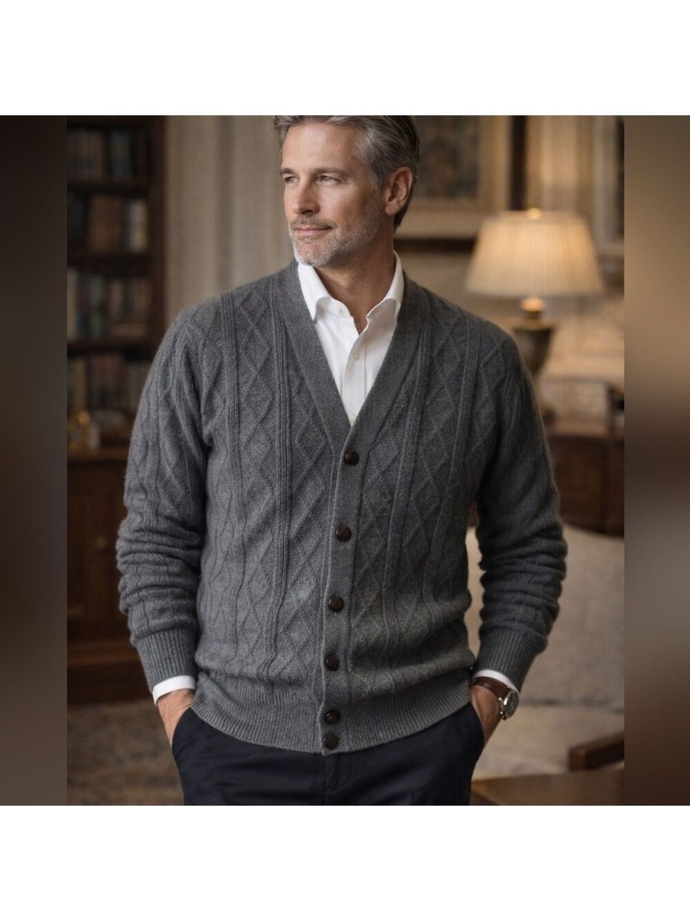 Oscar de la Renta Men’s Cable Knit Cardigan – Gray – XL – New With Tags